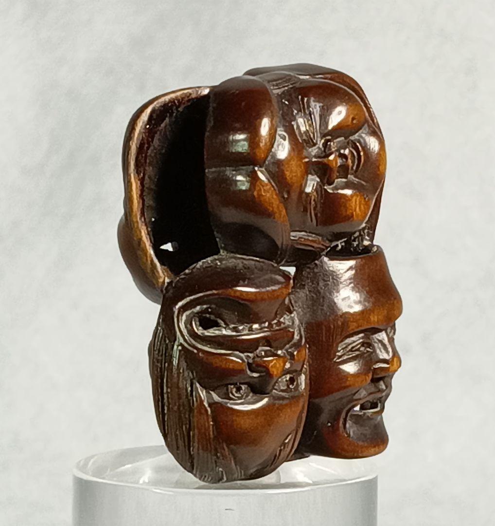 柘植彫 根付 能面尽くし 「おかめ 鬼 猩々 他六面 」 江戸時代