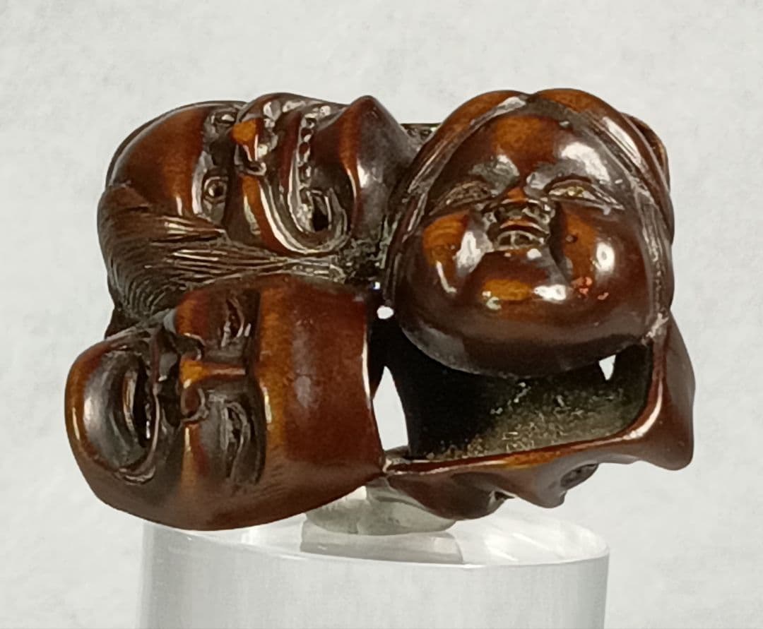 柘植彫 根付 能面尽くし 「おかめ 鬼 猩々 他六面 」 江戸時代