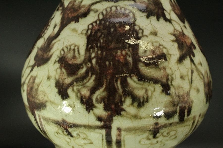 中国美術 釉裏紅 龍紋 瓢形 瓶 高43cm(LC597)