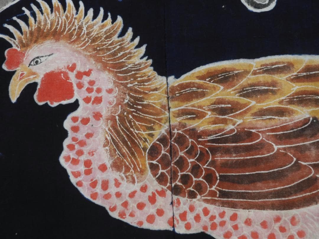 木綿・明治期・筒描4巾・鳳凰のつがい・アンティーク筒描き