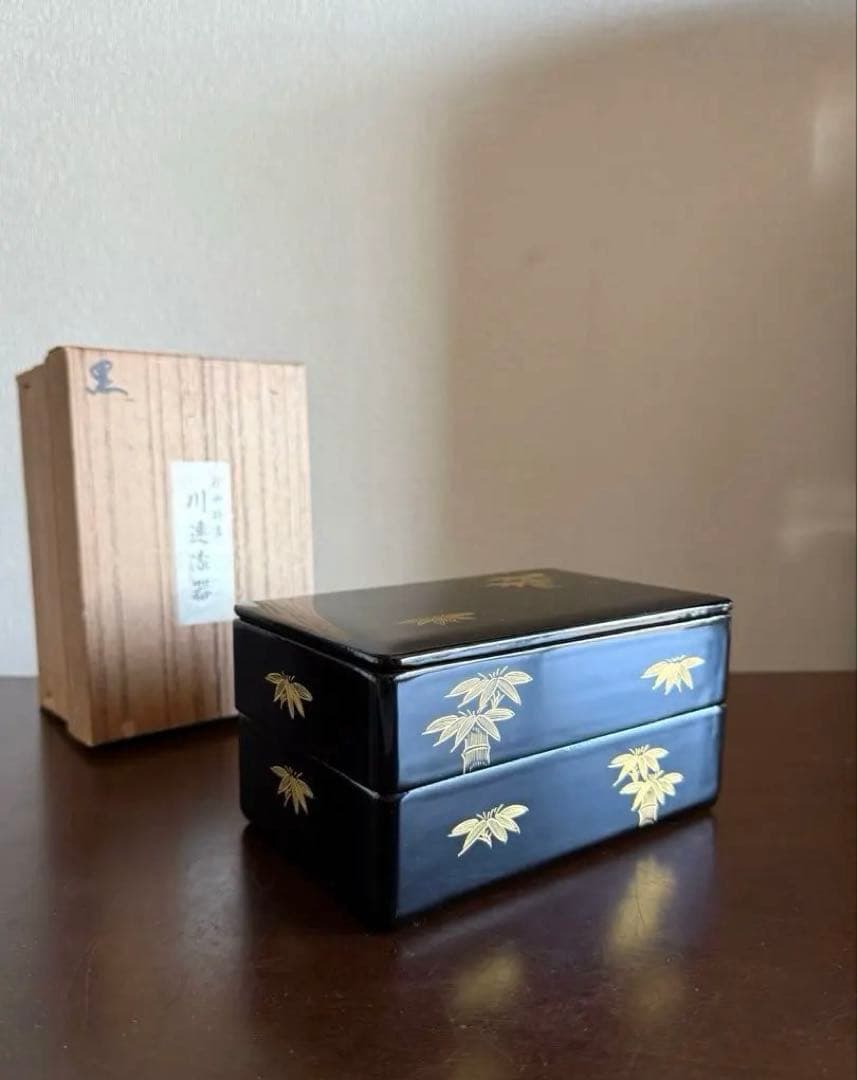 秋田 川連漆器 二段弁当箱 漆塗 沈金 天然木 木製 未使用品