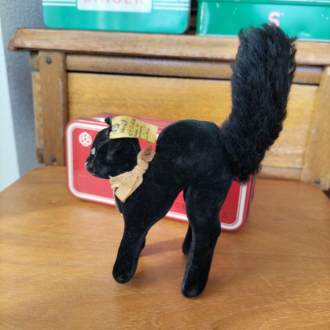 ビンテージ　シュタイフ　トム　キャット 黒猫　別珍製　高さ10cm ①