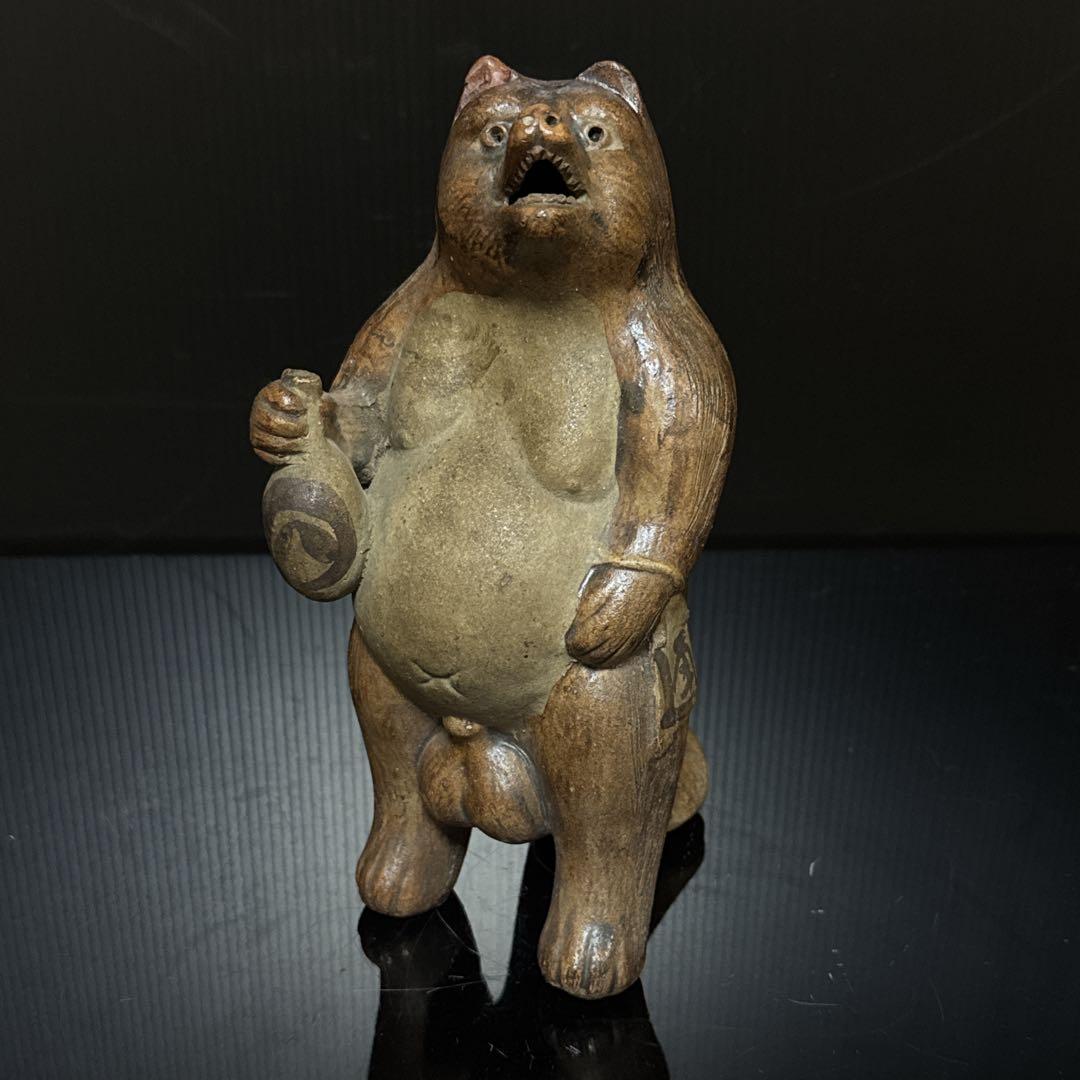 極珍 幕末〜明治期 初期狸 信楽焼 三点立 目透 狸 置物