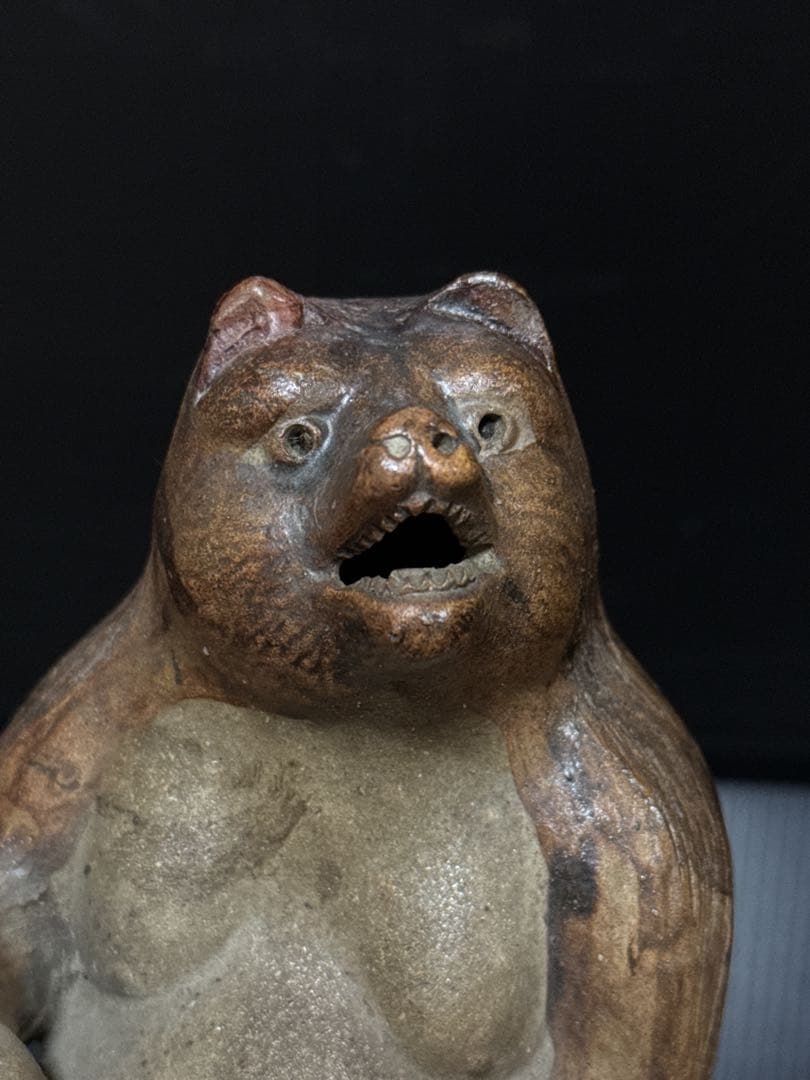 極珍 幕末〜明治期 初期狸 信楽焼 三点立 目透 狸 置物