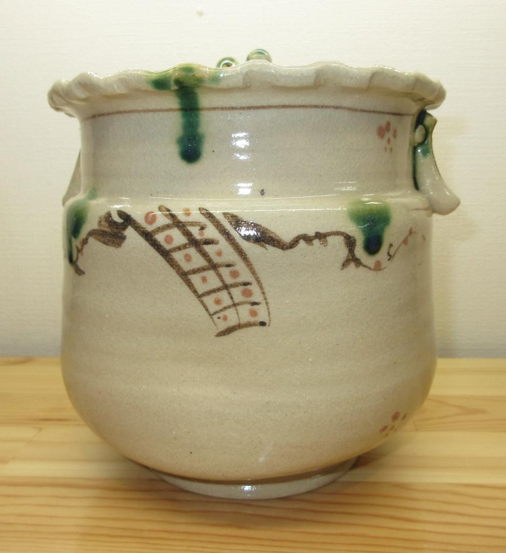 送料込【逢絢亭】茶道具 水指 美濃焼 織部 弥七田写 耳付 林英仁 共箱入り