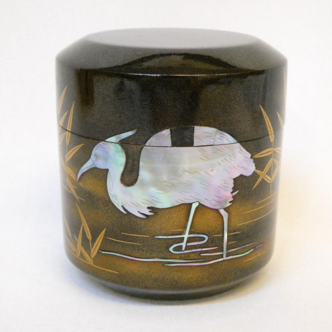 新品時35万 二代 前端春斎作 内梨地 雪吹 螺鈿 芦に鷺蒔絵 棗 茶器 茶道具