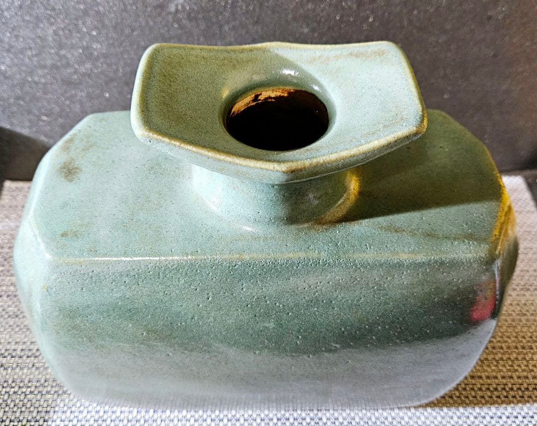 益子民藝　益子焼　名工　明石庄作 造　緑釉 扁壺　大作　師】人間国宝　濱田庄司