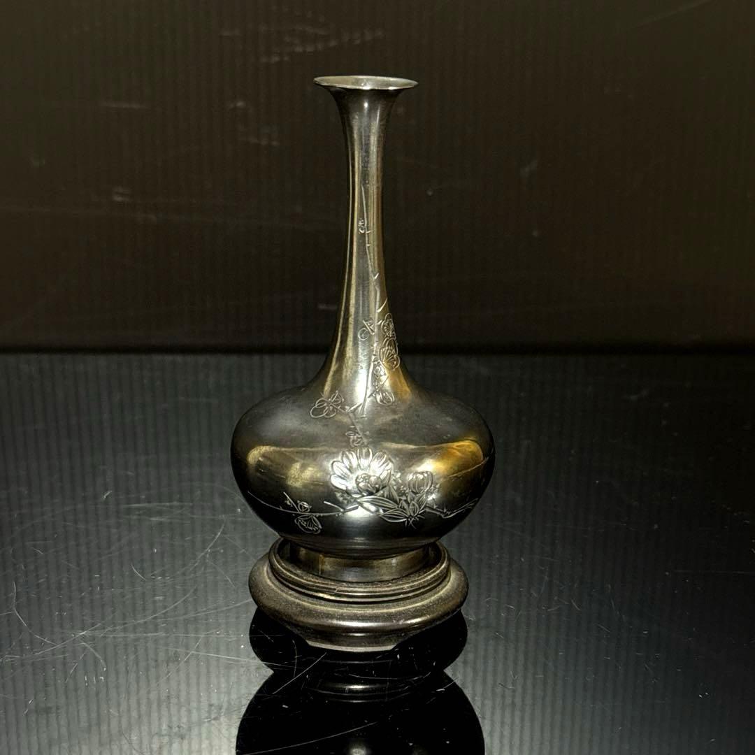 明治期 純銀 在銘 細密彫金 花図 花瓶 花生 約84.5g