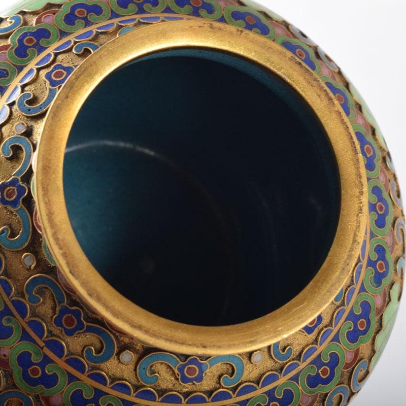 中国　古七宝琺瑯彩　獅子摘　花草文瓶　蓋壷　唐木台付　一對　V　7451