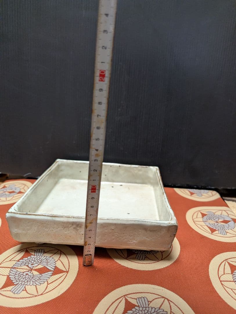 白磁時代物四角形の志野焼陶器皿 約20cm水盤