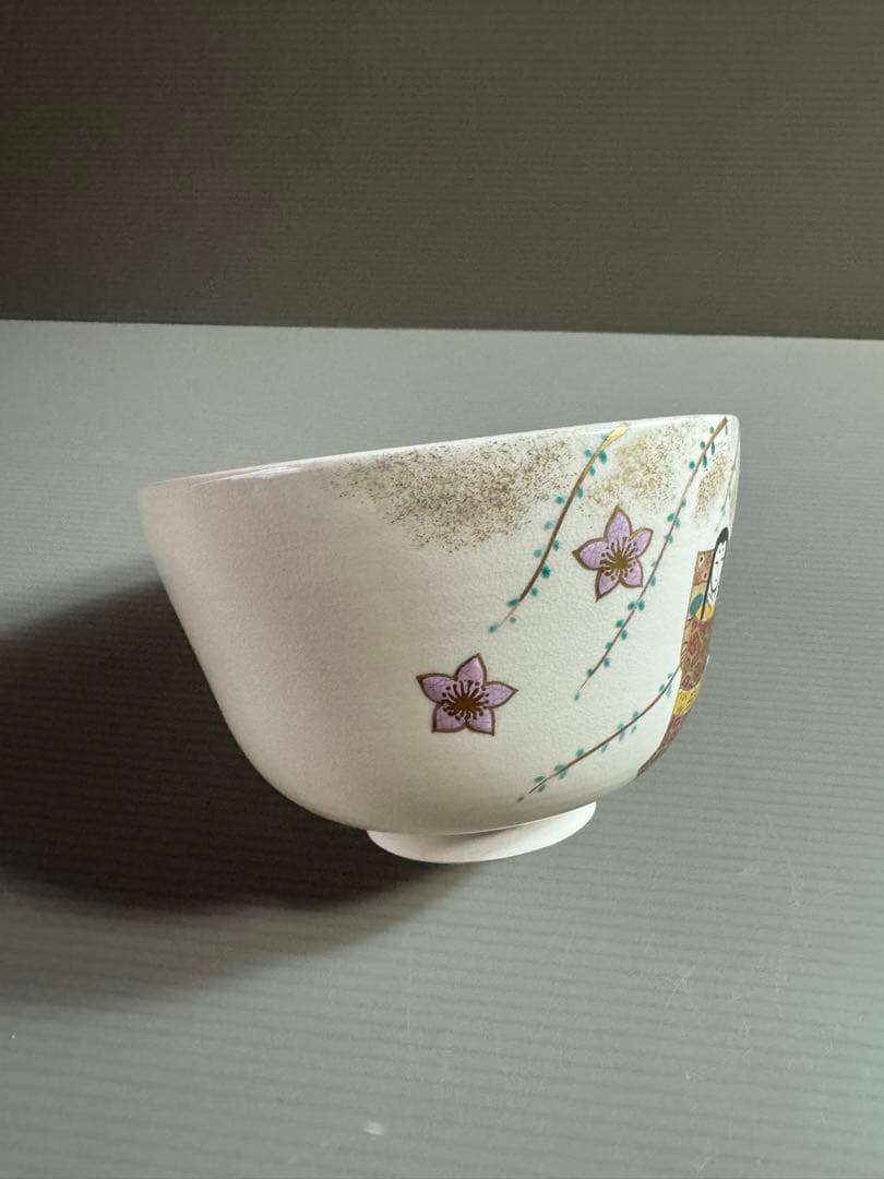 1555 清水焼　平安紫雲　色絵雛人形文　茶碗　未使用