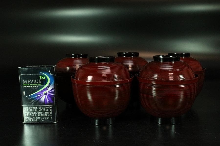 輪島塗 銀地草花紋 溜 糸目 椀 五客 極上(K-XA673)