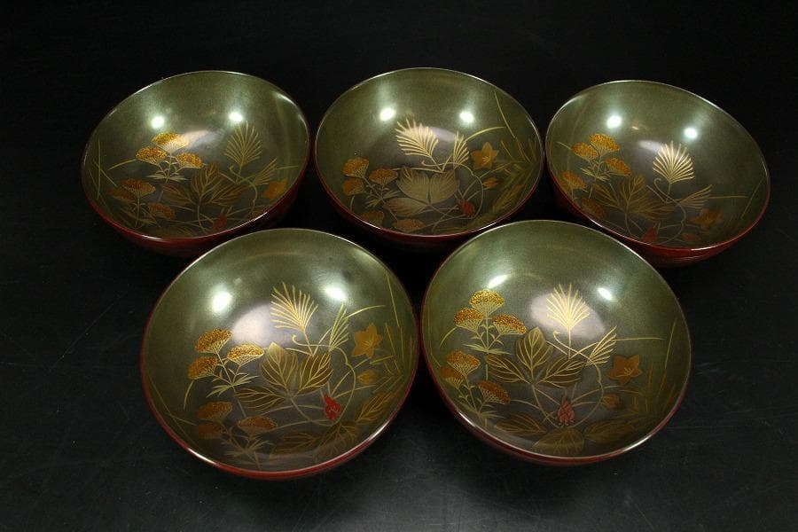 輪島塗 銀地草花紋 溜 糸目 椀 五客 極上(K-XA673)