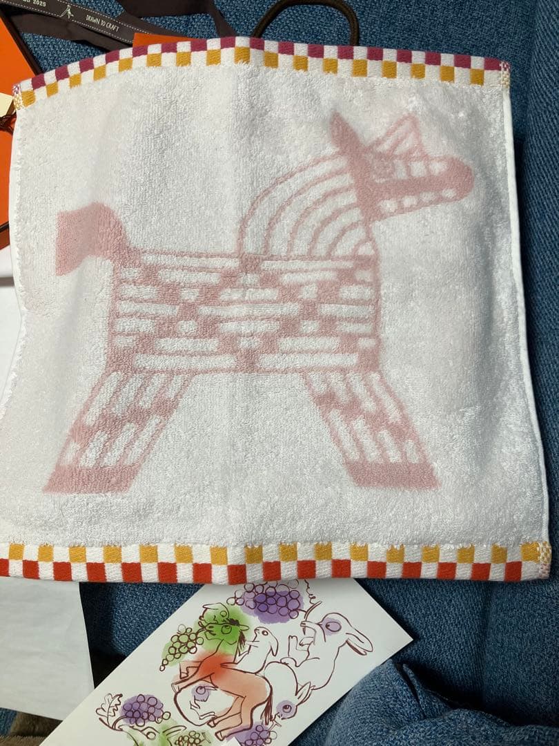HERMES コットン タオルハンカチ 馬デザイン