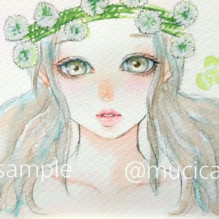手描きイラスト シロツメクサ 女の子 水彩画