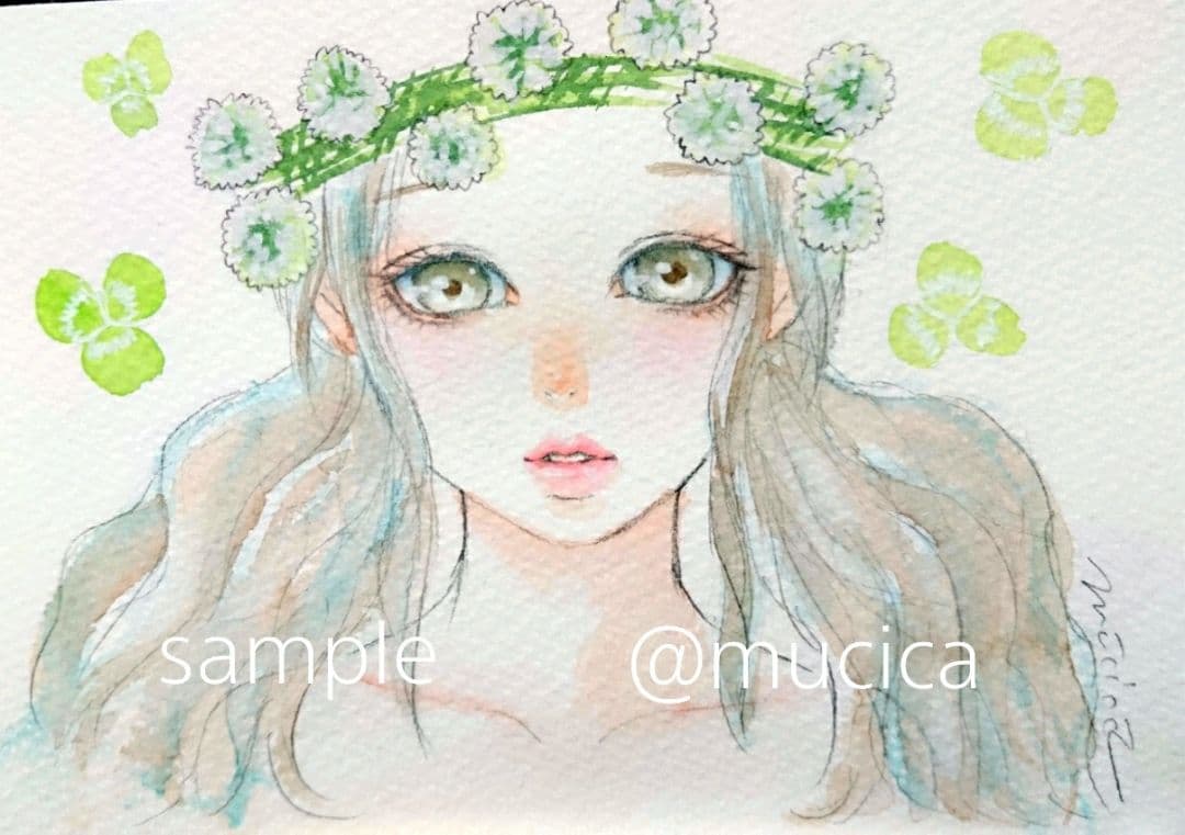 手描きイラスト シロツメクサ 女の子 水彩画