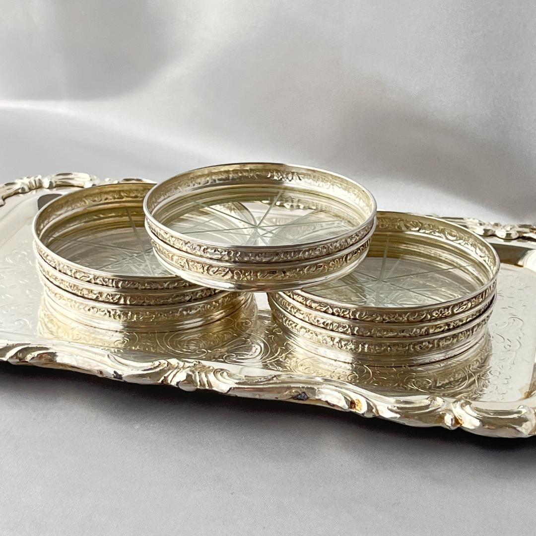 【純銀 / ガラス】フローラルレリーフのワイングラスコースター 8枚