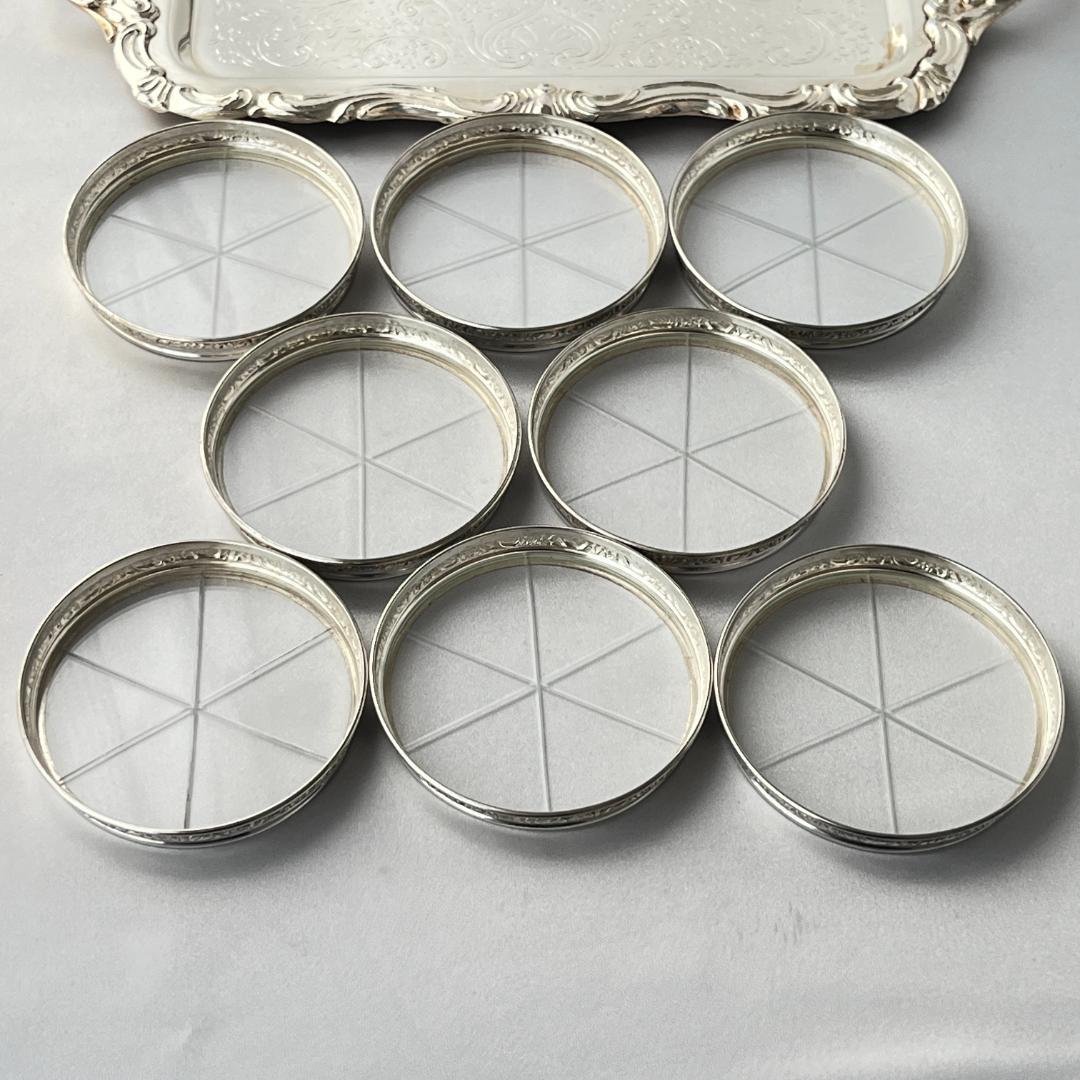 【純銀 / ガラス】フローラルレリーフのワイングラスコースター 8枚