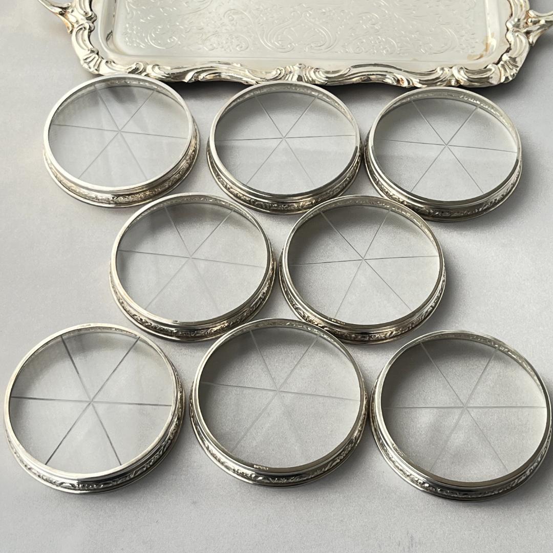 【純銀 / ガラス】フローラルレリーフのワイングラスコースター 8枚