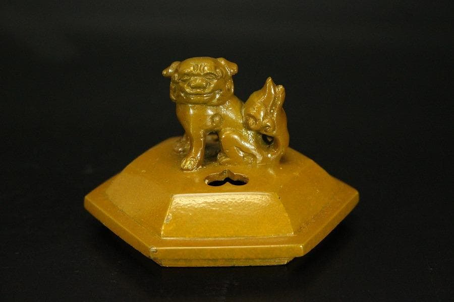 香炉 獅子双耳 三足香炉 金属製 木箱付(メ1186)