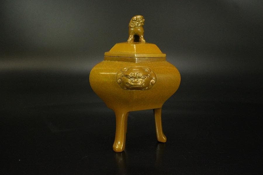 香炉 獅子双耳 三足香炉 金属製 木箱付(メ1186)