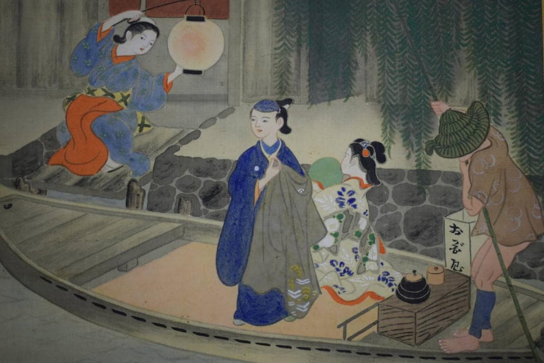 不詳/作者不詳/美人舟遊び図/布袋屋掛軸HI-123