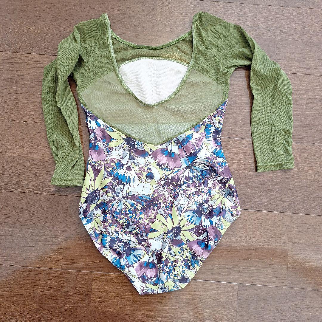 オリーブグリーン花柄バレエレオタード　Lサイズ　日本製