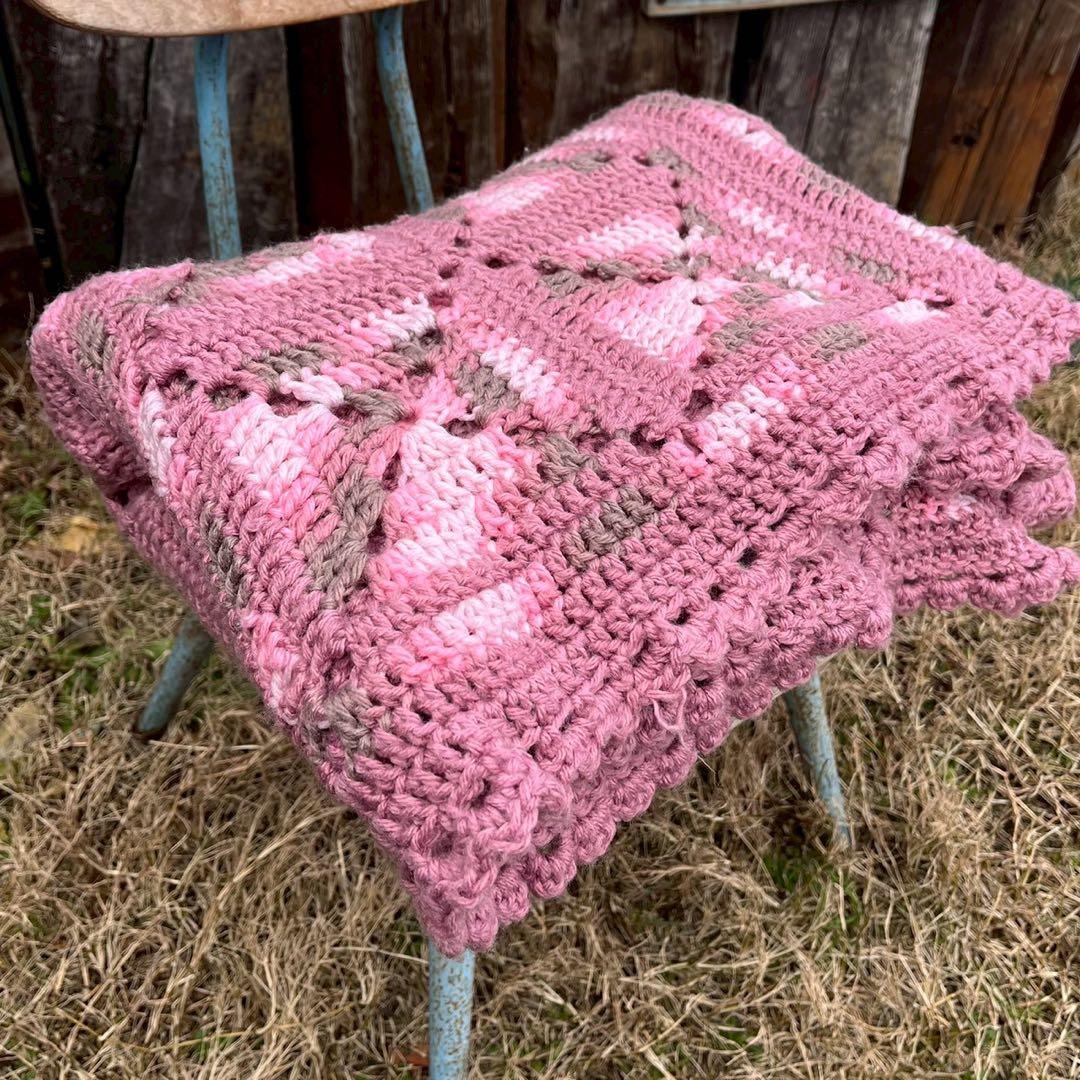 【USA vintage】グラニーブランケット ピンク　グレー　モチーフ