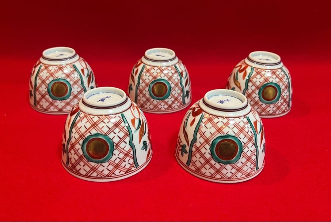 京焼 清水焼 薄胎 赤絵貼金 汲出碗揃五客 陵泉造　茶道具