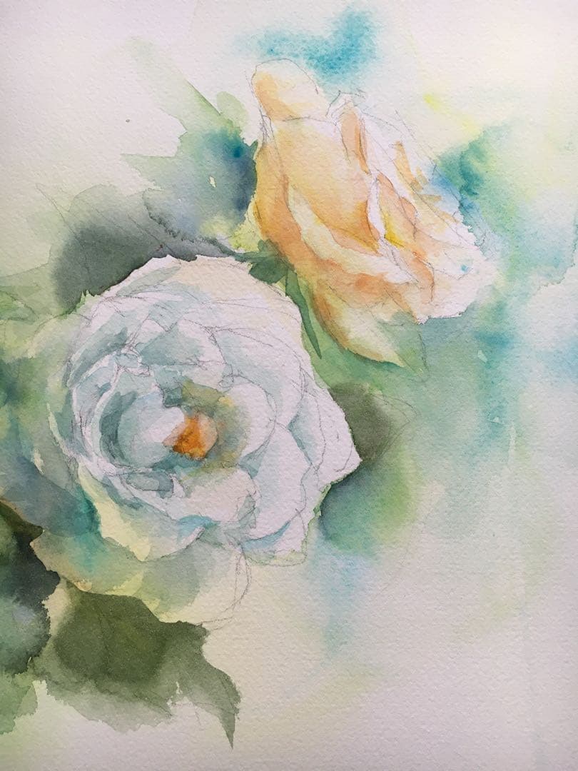 透明水彩画原画白薔薇ホワイトクリスマス⑦