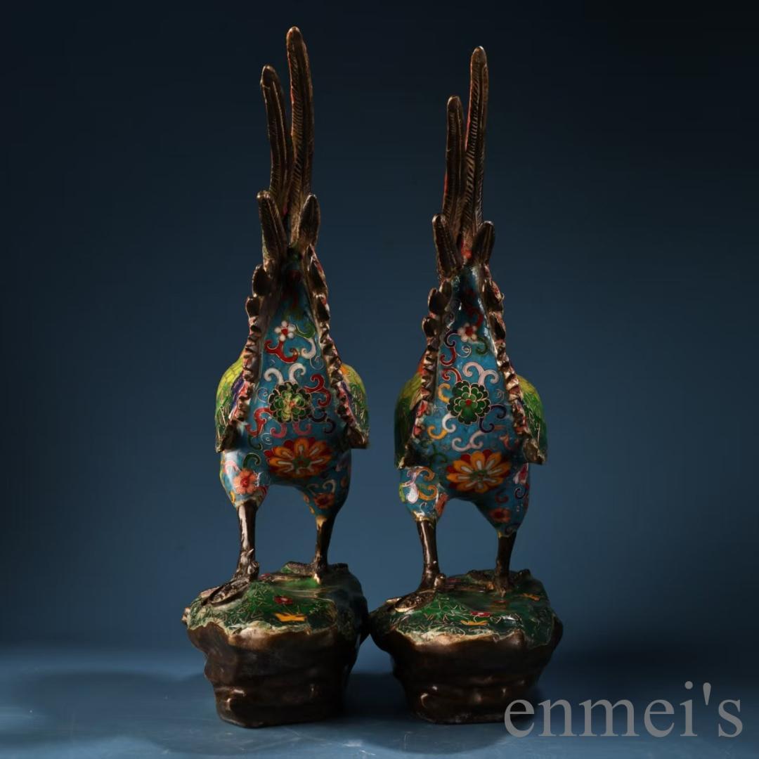 中国古美術 旧蔵 七宝焼き 琺瑯 景泰藍 公鶏一対 純銅 高浮彫鏨刻 細工 置物