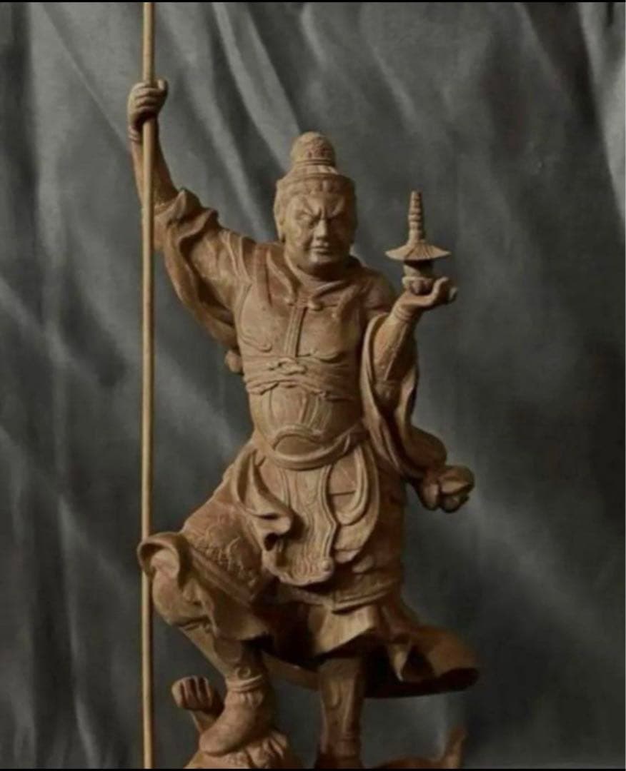 仏教工芸品　総楠製　井波彫刻　極上彫　木彫仏像　毘沙門天立像