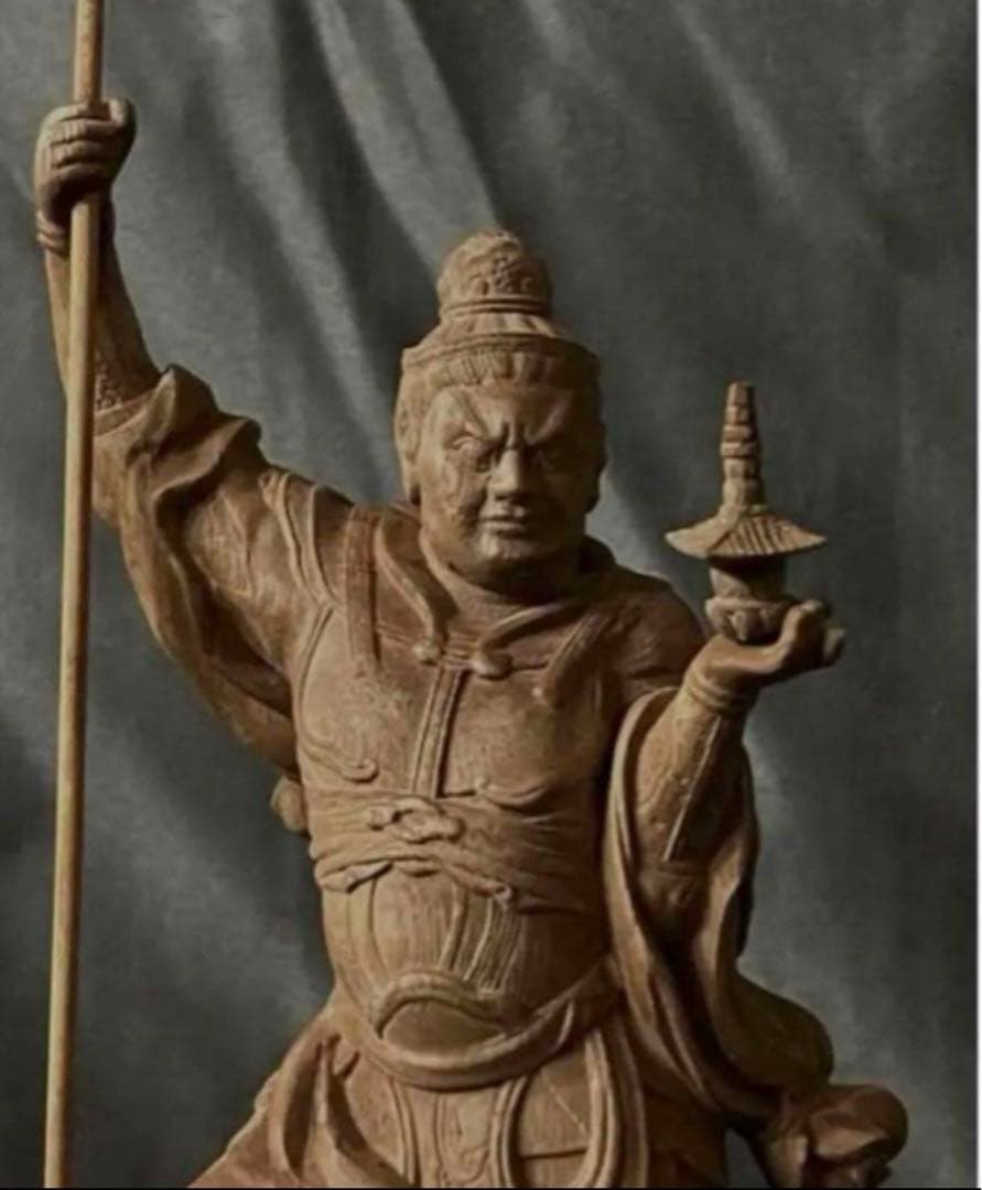 仏教工芸品　総楠製　井波彫刻　極上彫　木彫仏像　毘沙門天立像