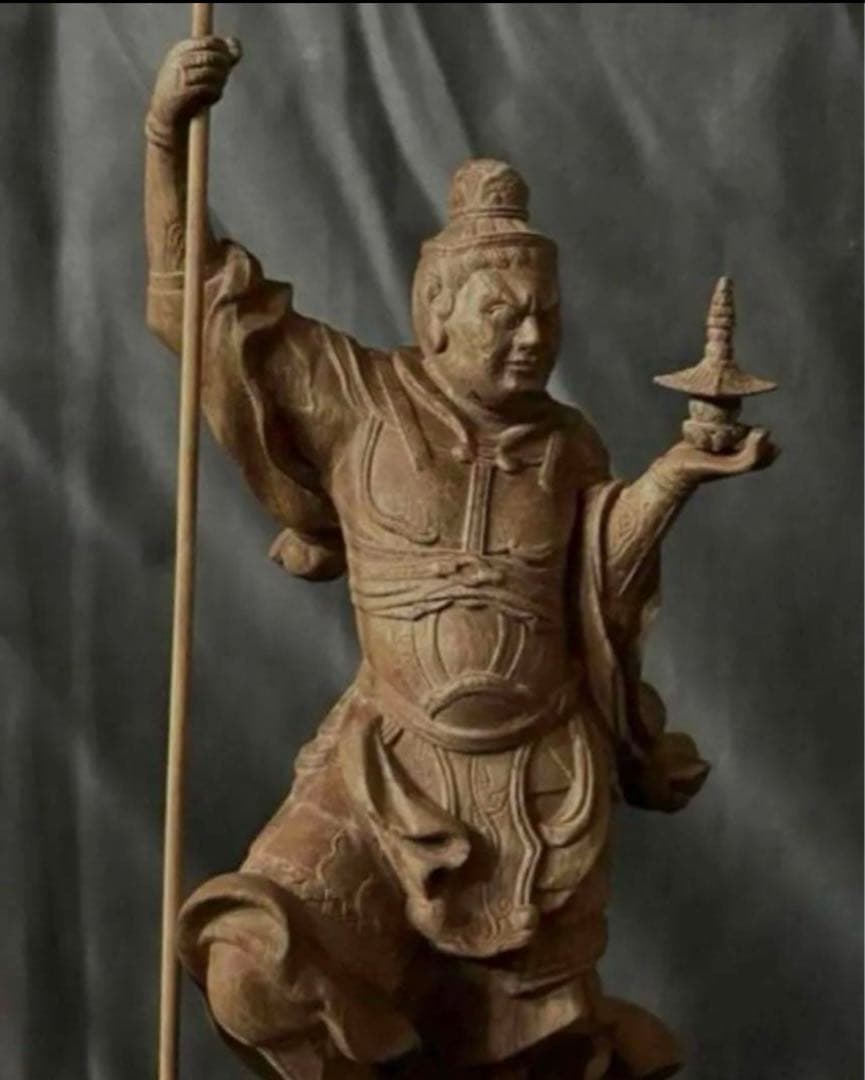 仏教工芸品　総楠製　井波彫刻　極上彫　木彫仏像　毘沙門天立像