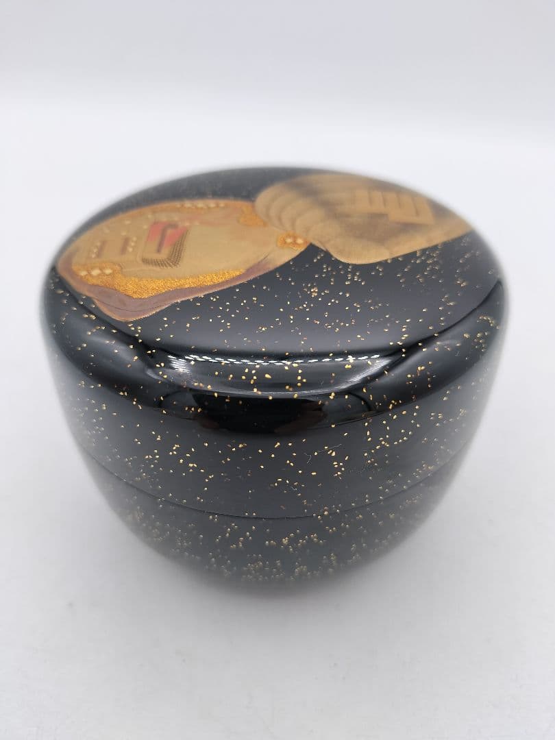 c650 平棗 貝合せ蒔絵 源氏29帖目『行幸』輪島 野井景斉 木箱 茶道 古物