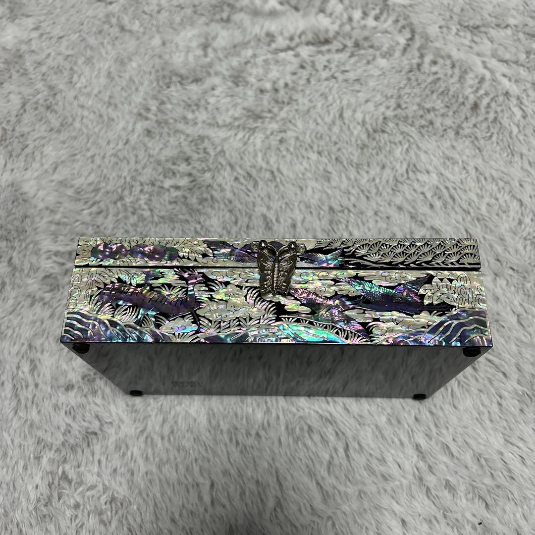 成官鎬印 螺鈿細工 蝶花唐草松鶴亀鹿図　ジュエリーケース　鏡　宝石箱