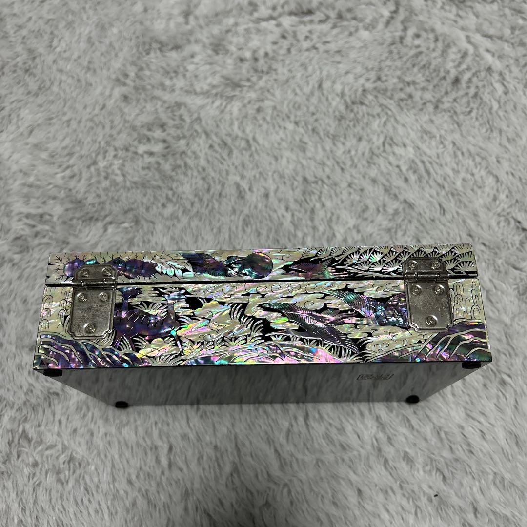 成官鎬印 螺鈿細工 蝶花唐草松鶴亀鹿図　ジュエリーケース　鏡　宝石箱
