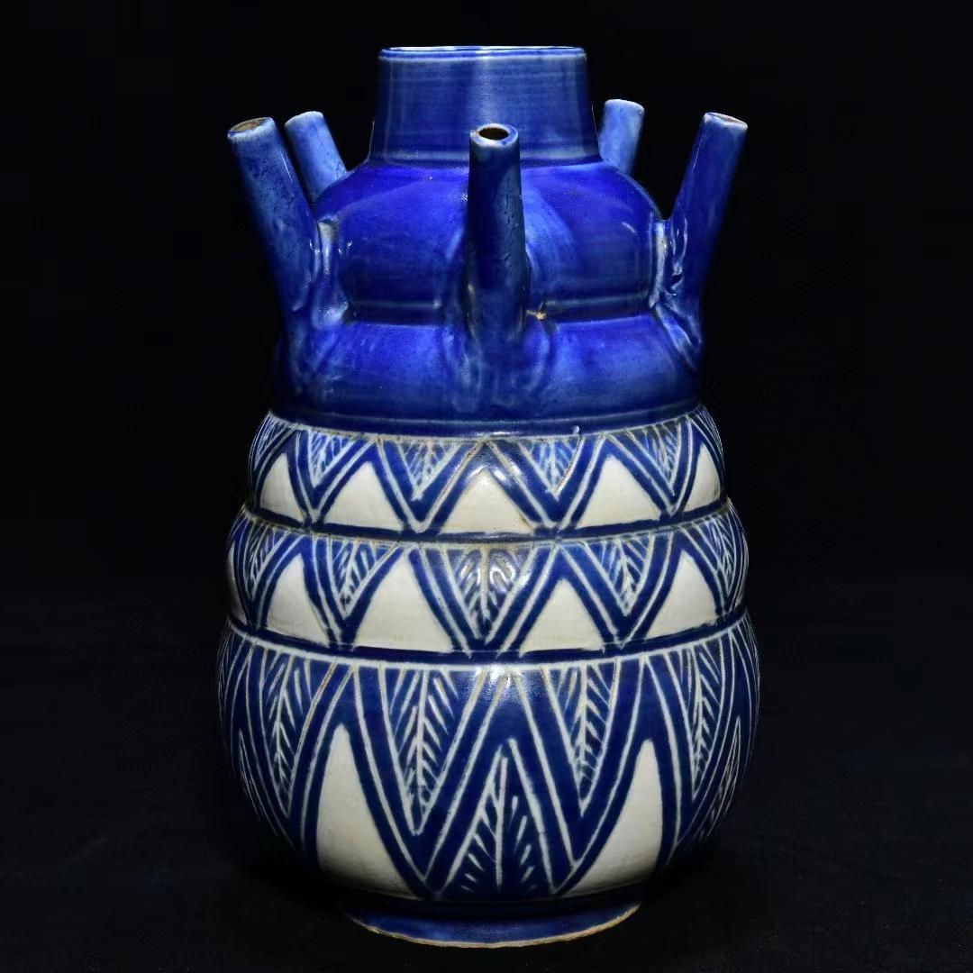中国古美術・旧蔵の陶磁器:五連管瓶・13x23cm・茶道具・案頭・置物・文房具