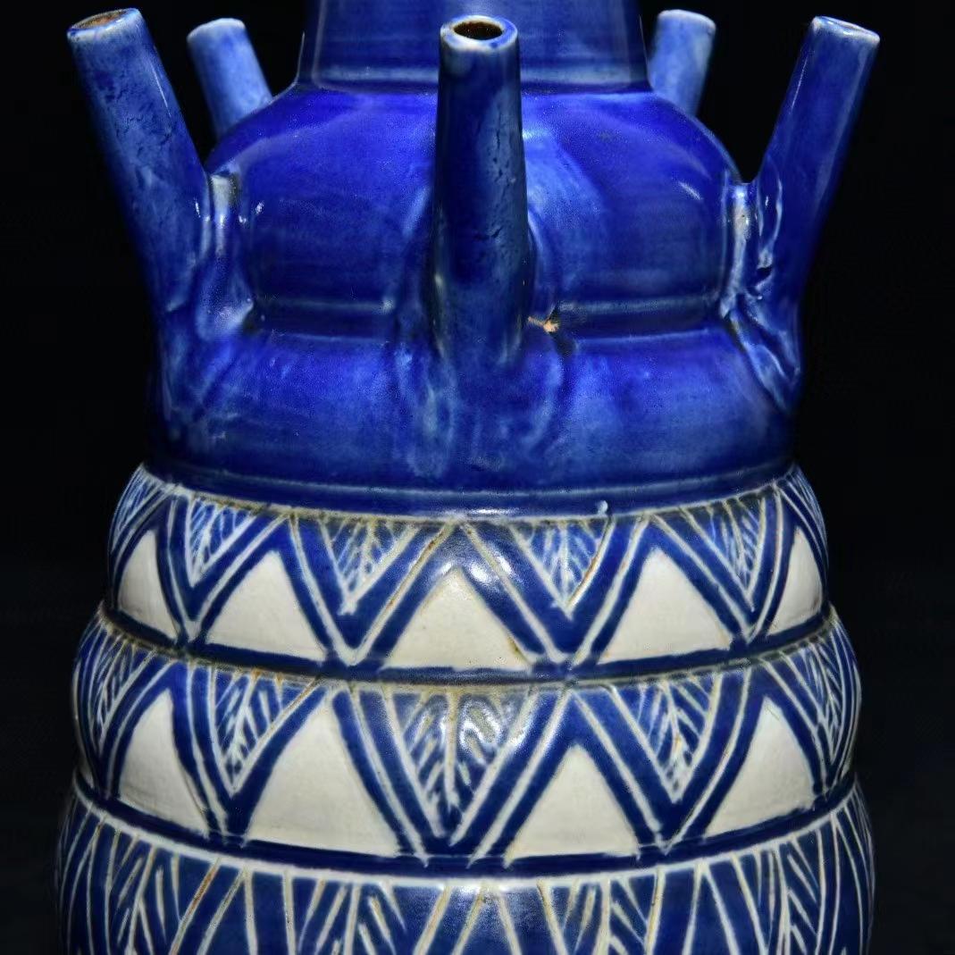 中国古美術・旧蔵の陶磁器:五連管瓶・13x23cm・茶道具・案頭・置物・文房具