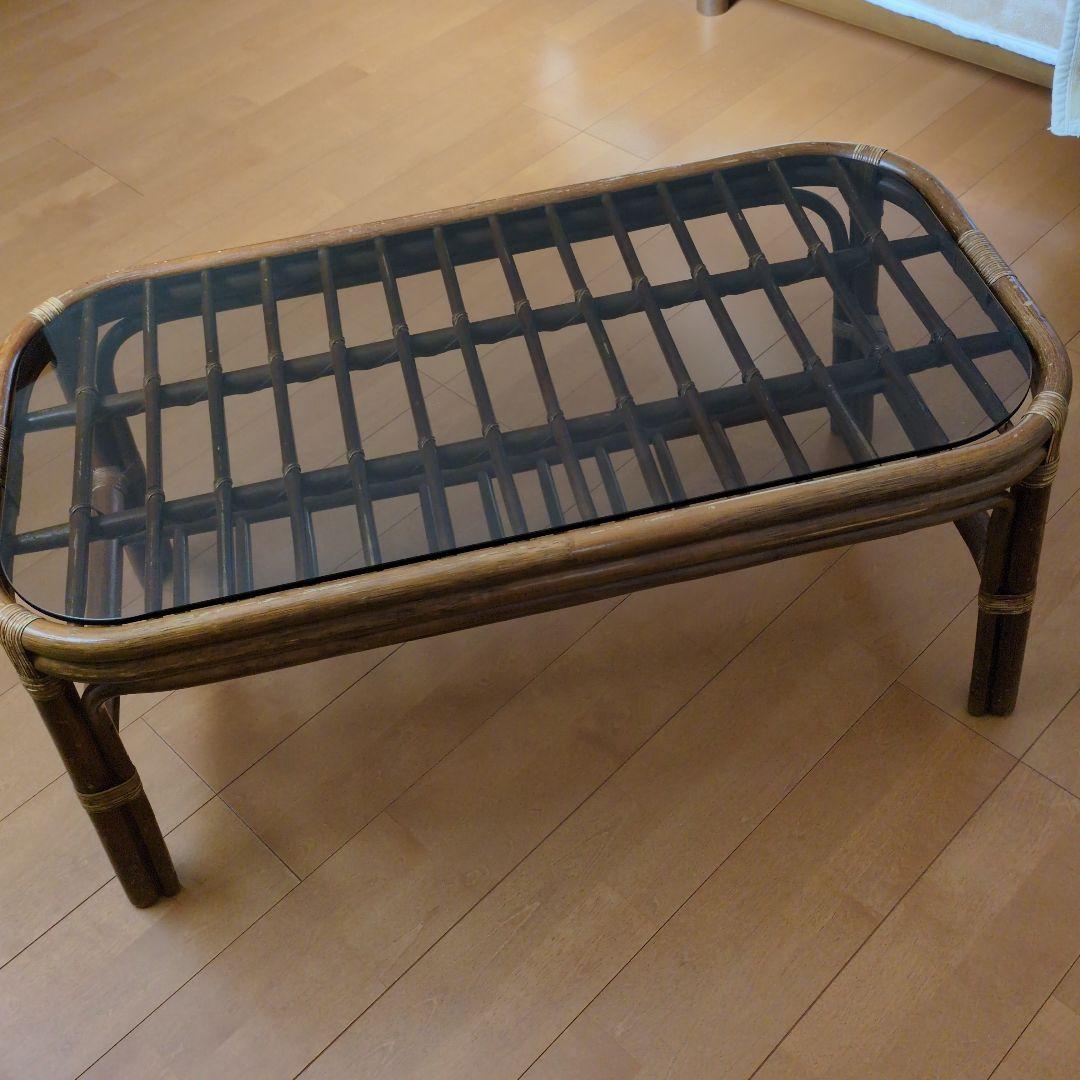 コスガ製、籐ガラス天板ロ―テーブル