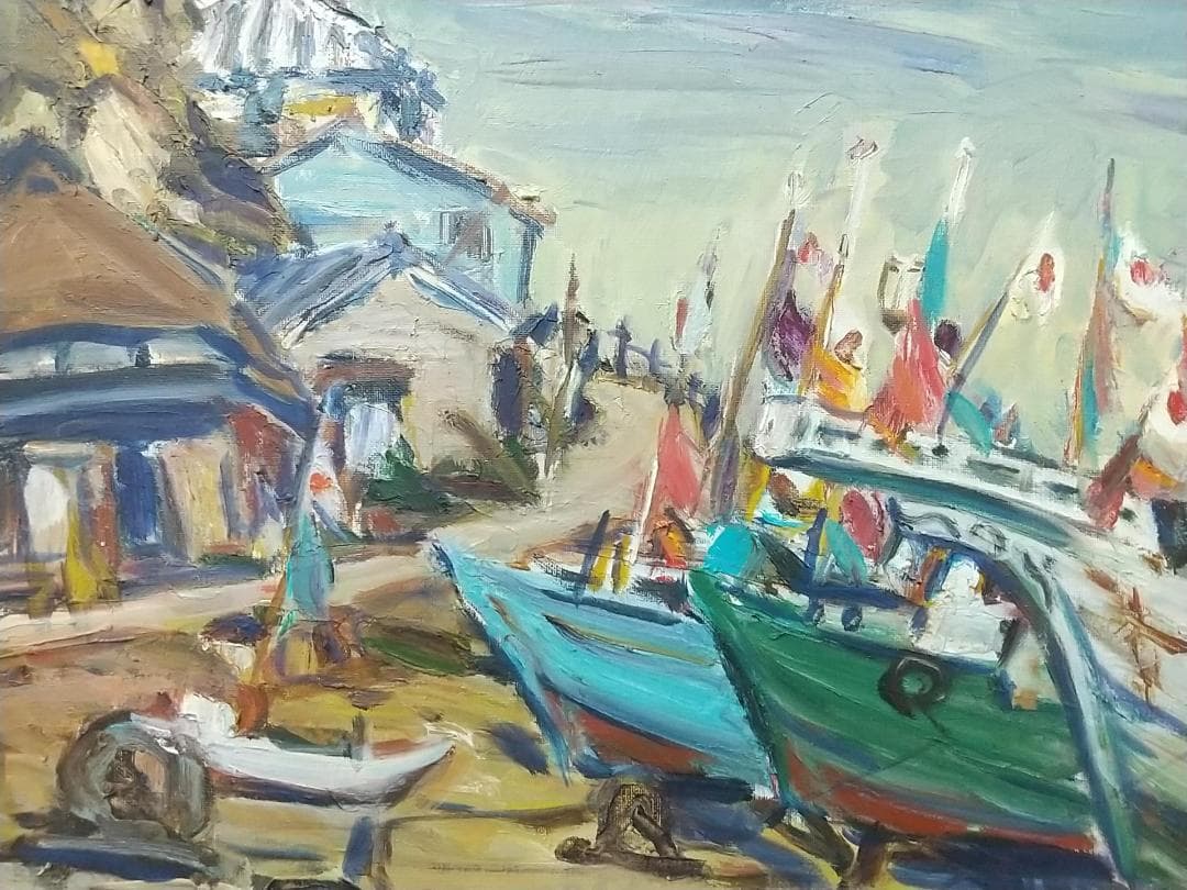 「正月の漁村」川津浜 F8 油絵 絵画 油彩画 日本 日の丸 国旗