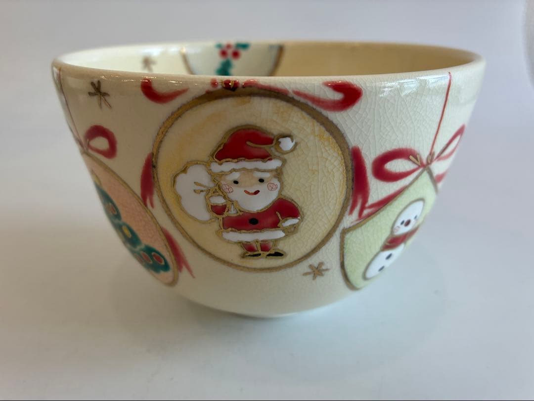 クリスマスデザイン抹茶茶碗 サンタと雪だるま