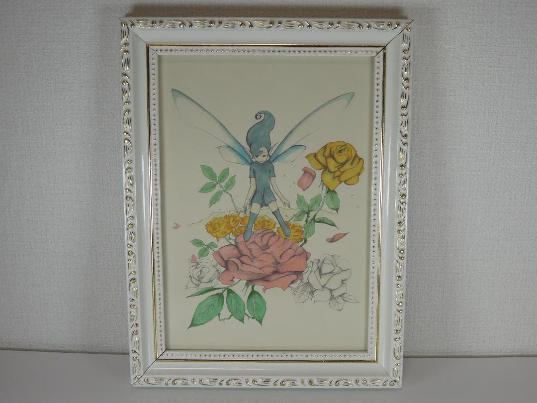 【美品・額装付き】幻想アート作品／妖精とバラのイラスト