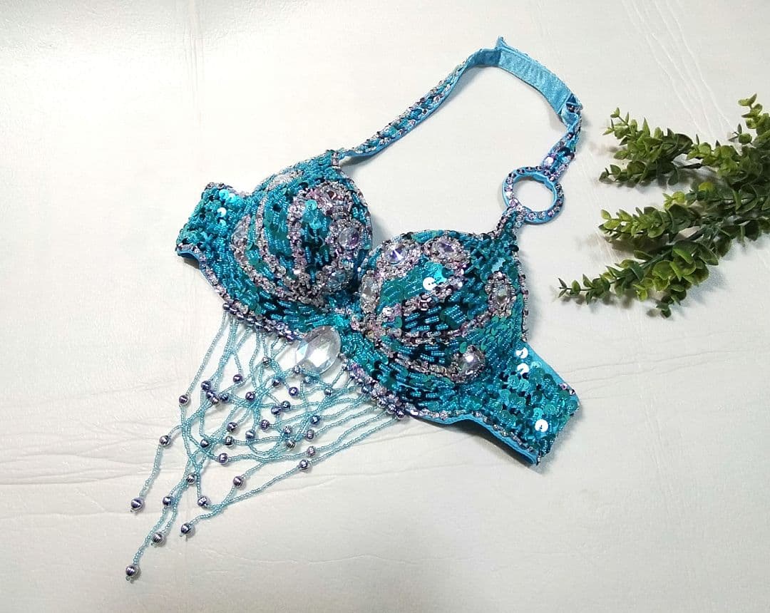 ベリーダンス衣装ブルー オリエンタル アームカバー付M-L水色マーメイドフレアー