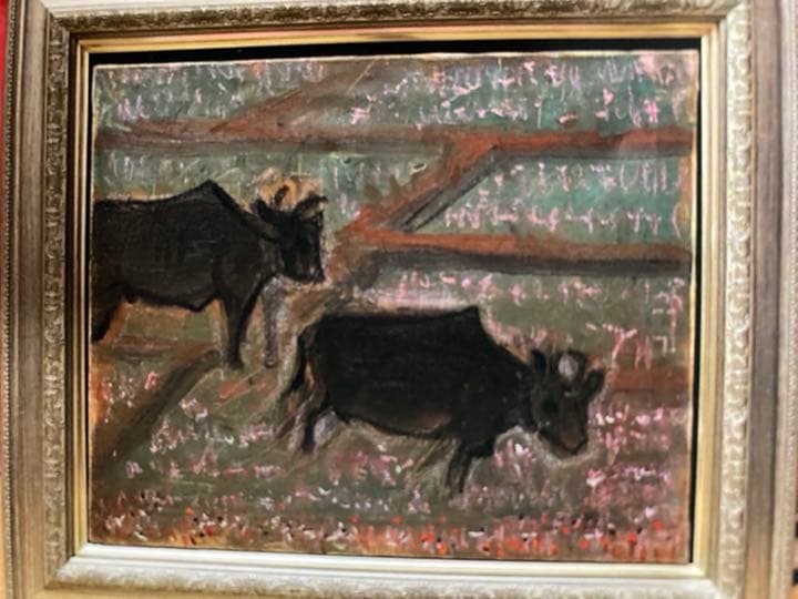 空飛ぶ画家糸川裕志の牛と田んぼの蓮華草を描いた油絵、F６号額入り