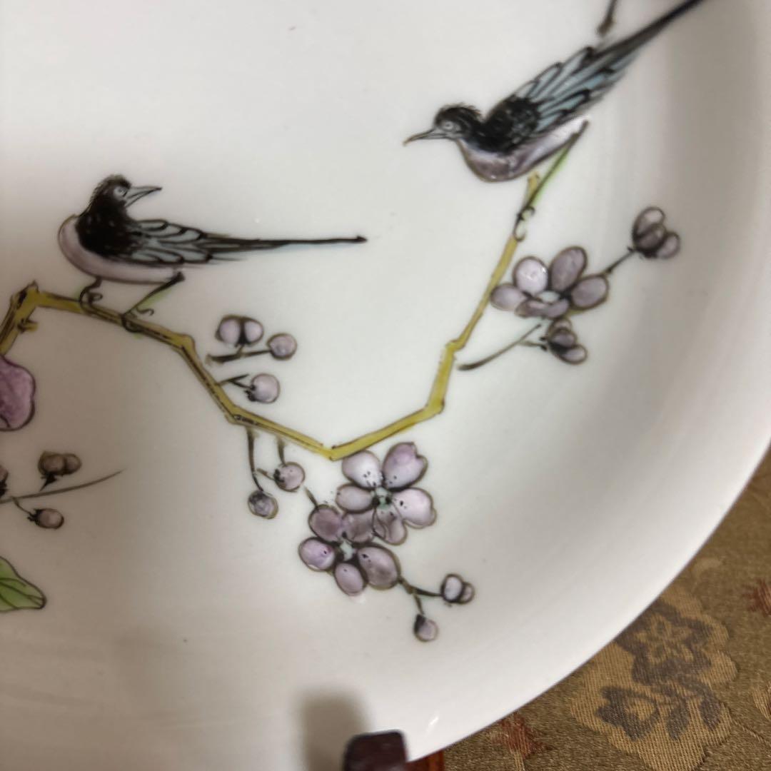 12代柿右衛門作花と鳥の図 五寸皿　渦福　染め錦