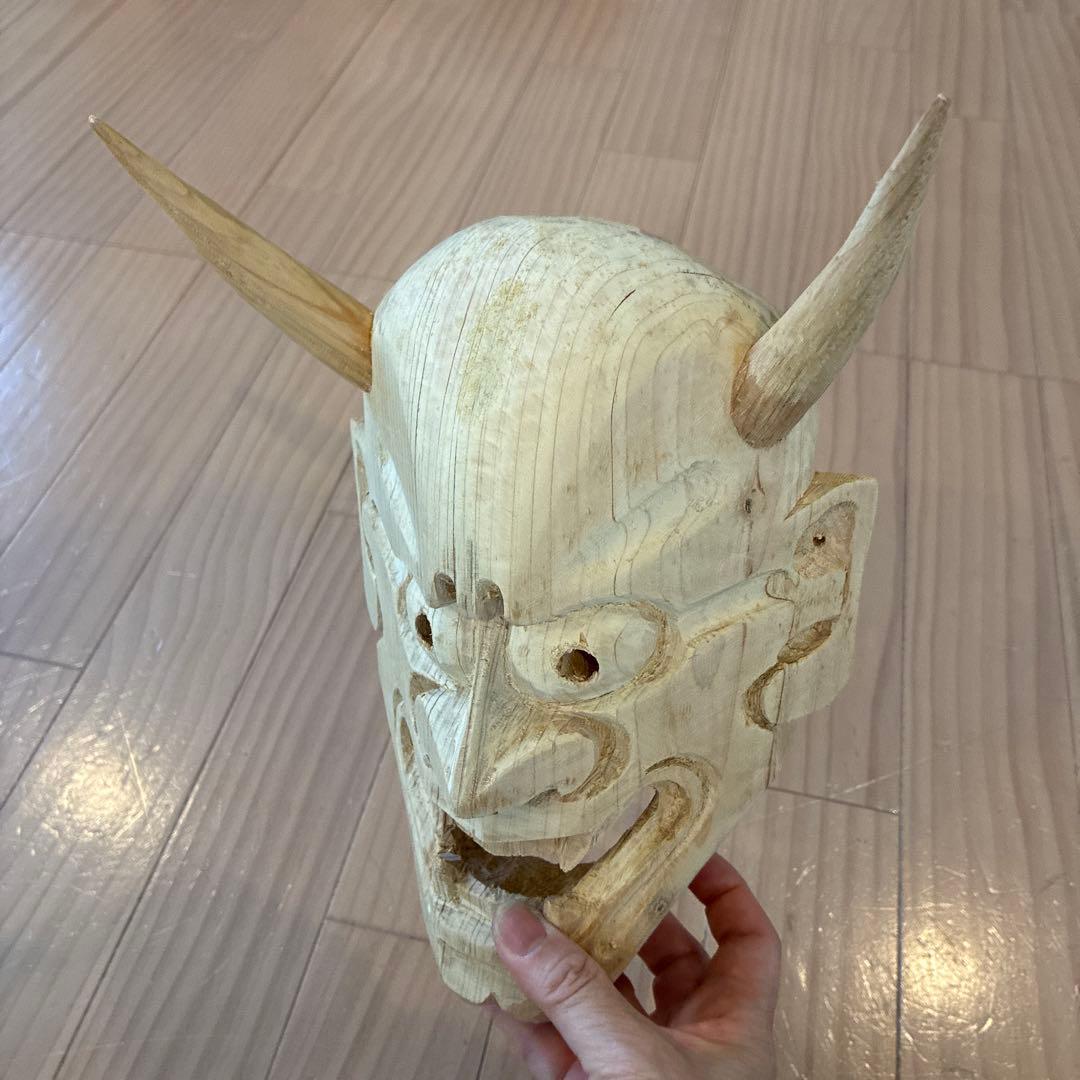 木製 木彫り 鬼の面 能面 般若面 角付き 壁掛け インテリア　伝統　工芸