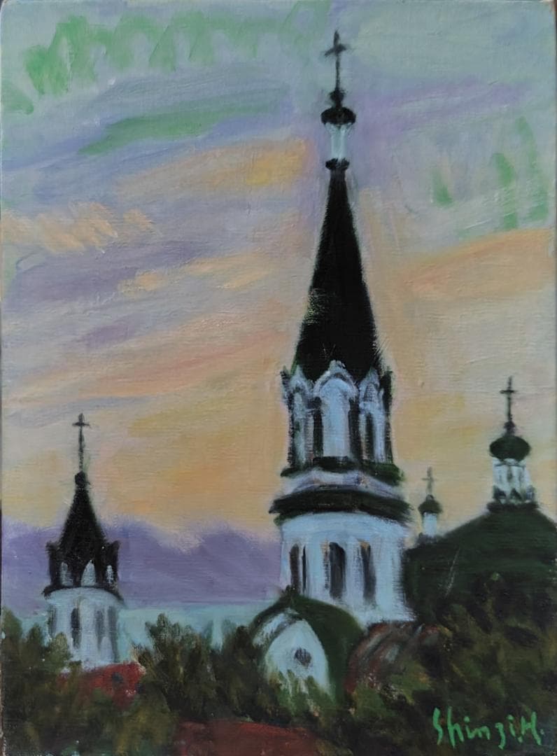 油彩画「塔 」函館 ハリストス正教会 F4 油絵 風景画 アート 絵画