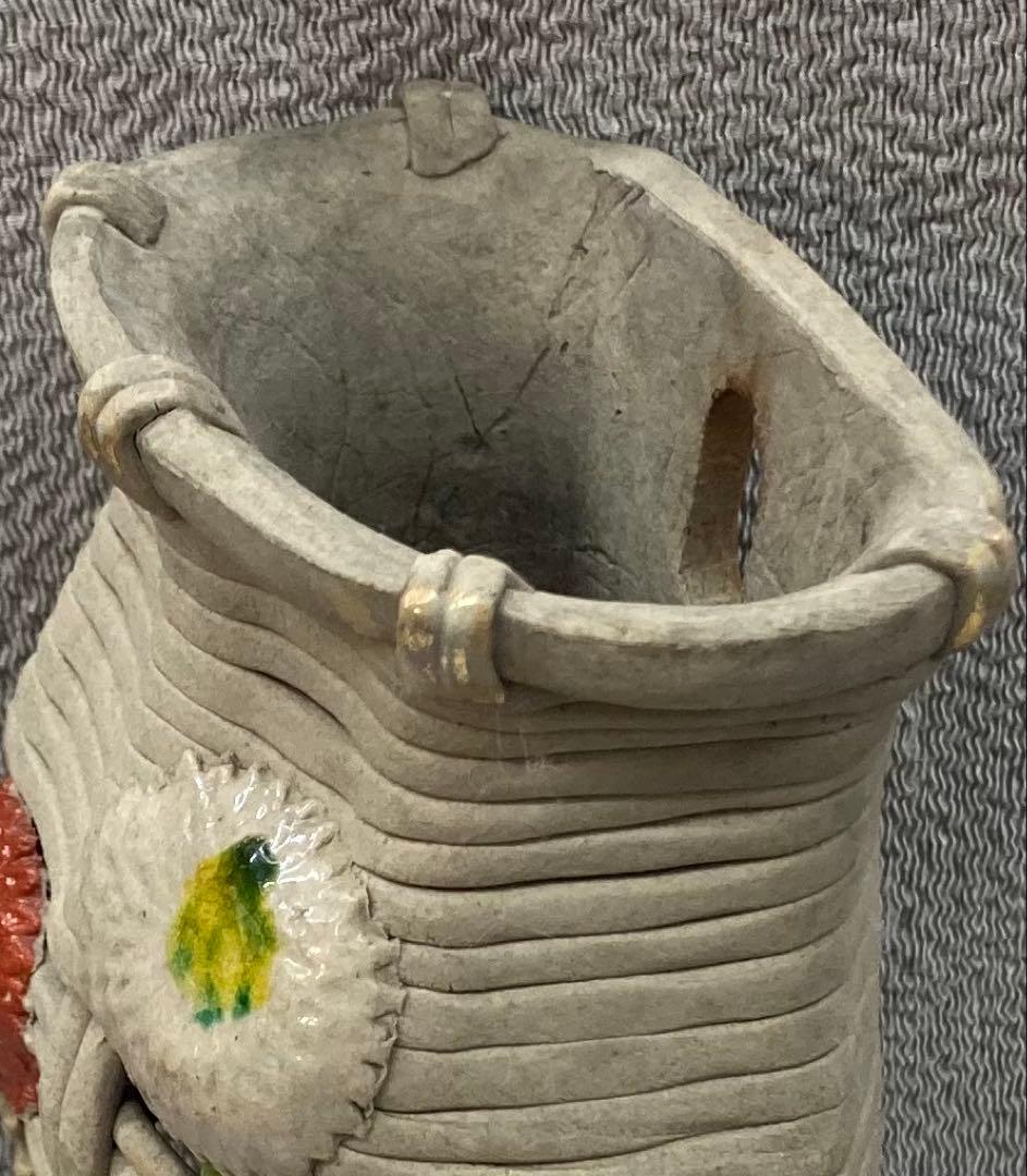 B246s 萬古焼　菊透し掛花入　骨董品