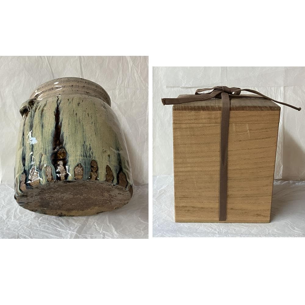 F1425 朝鮮唐津 耳付水指 木箱入り 水指 茶道具